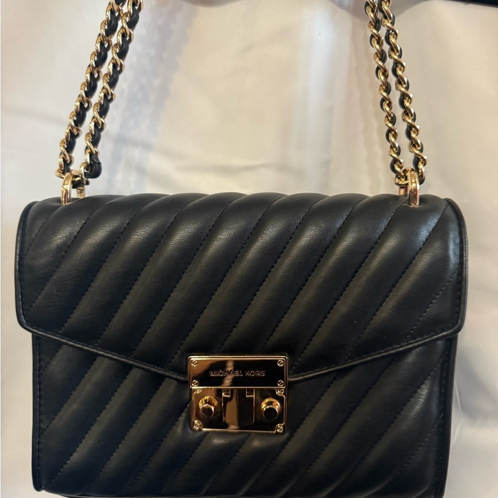 Michael Kors Black Quilted Shoulder Bag with Gold Accents